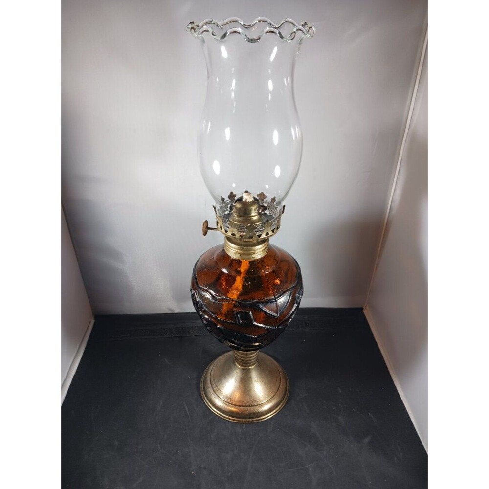 Vintage Large Amber Glass Oil Lamp
